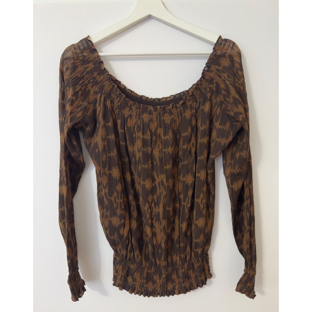 LAUREN RALPH LAUREN Smocked Off Shoulder Long Sleeve Top Women Brown Size 4
